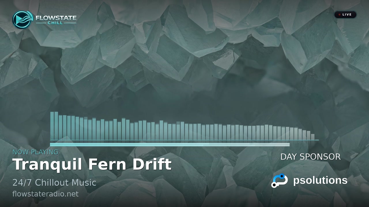 Live picture of the Flowstate Chill stream: a soft turquoise crystal backdrop with a real‑time audio spectrum analyser, the current track title, programme name and LIVE badge.