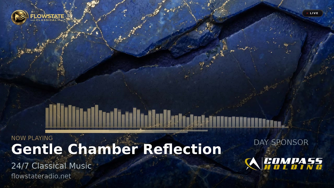Live picture of the Flowstate Classical stream: a lapis-blue crystal backdrop with fine gold veins, a real‑time audio spectrum analyser, the current track title, programme name and LIVE badge.