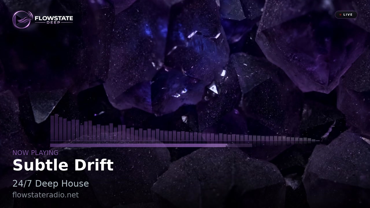 Live picture of the Flowstate Deep stream: an amethyst crystal backdrop with a real‑time audio spectrum analyser, the current track title, programme name and LIVE badge.