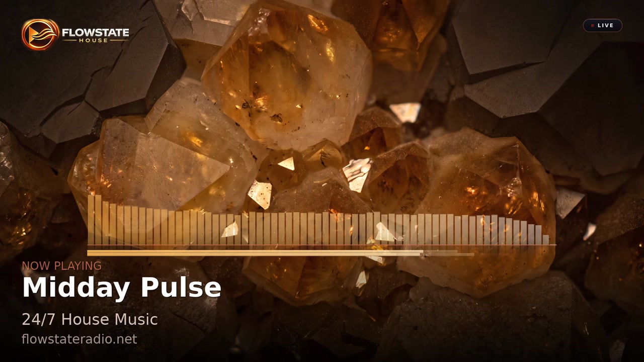Live picture of the Flowstate House stream: a citrine crystal backdrop in warm orange with a real‑time audio spectrum analyser, the current track title, programme name and LIVE badge.
