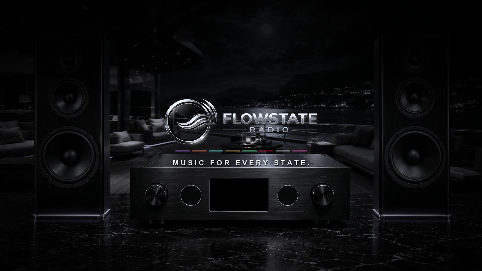 Flowstate Radio master playout hi-fi console representing all eight channels